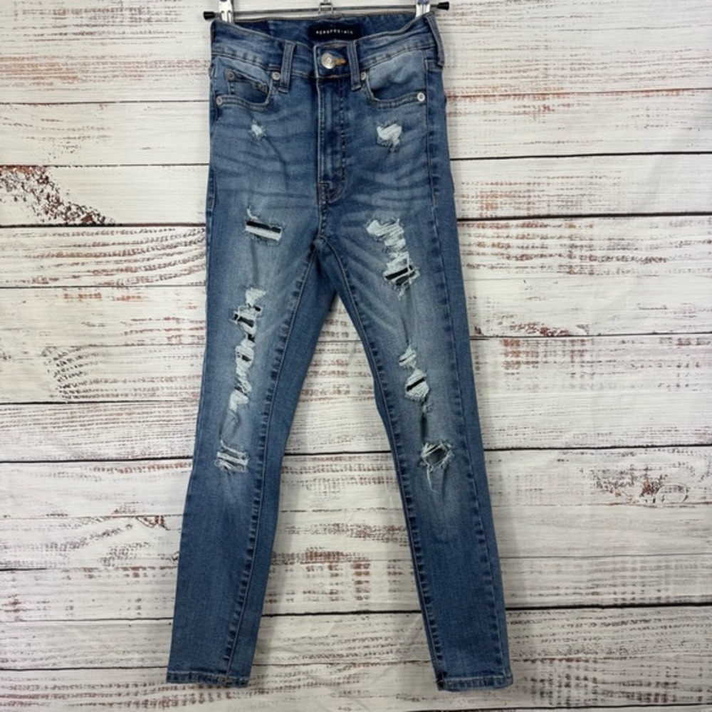 Aeropostale AERO jeans ripped size 000 Light Blue Distressed Skinny Jeans‎